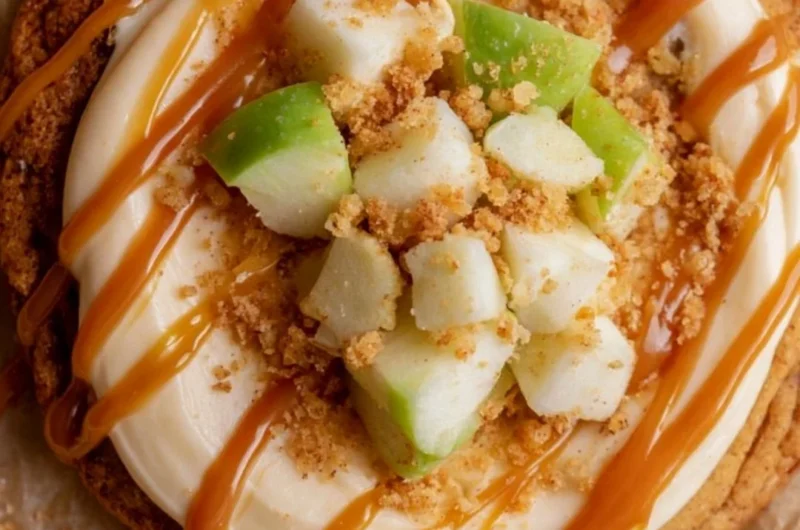 Delicious Crumbl caramel apple cookies topped with caramel and apple pieces