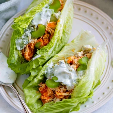 Healthy Buffalo Chicken Lettuce Wraps served on a plate