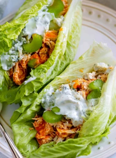 Healthy Buffalo Chicken Lettuce Wraps served on a plate