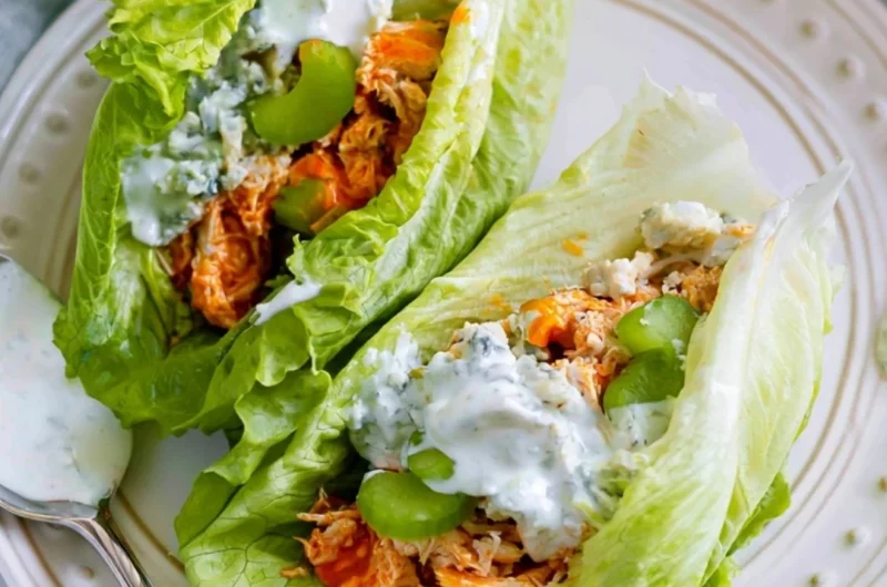 Healthy Buffalo Chicken Lettuce Wraps served on a plate