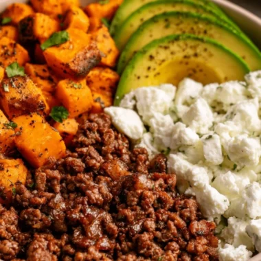 Hot Honey Sweet Potato Beef Bowls featuring tender beef and sweet potatoes.