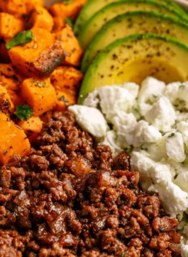 Hot Honey Sweet Potato Beef Bowls featuring tender beef and sweet potatoes.