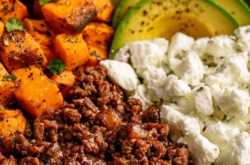 Hot Honey Sweet Potato Beef Bowls featuring tender beef and sweet potatoes.