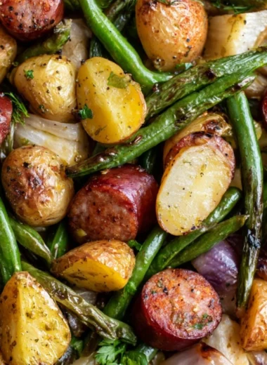 One pan sausage, green beans, and potatoes dish ready to serve.