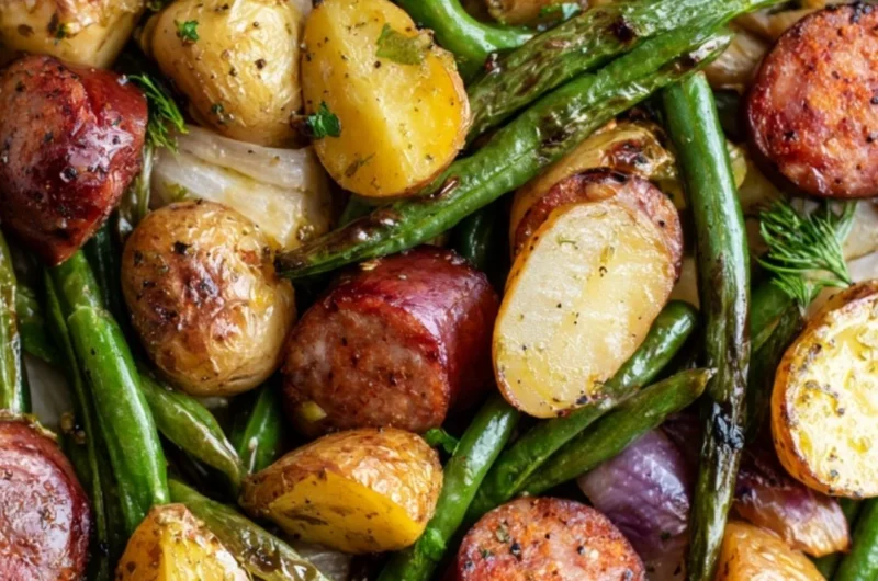 One pan sausage, green beans, and potatoes dish ready to serve.