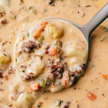 Bowl of creamy Sausage Potato Soup garnished with herbs