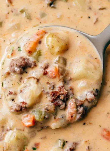 Bowl of creamy Sausage Potato Soup garnished with herbs