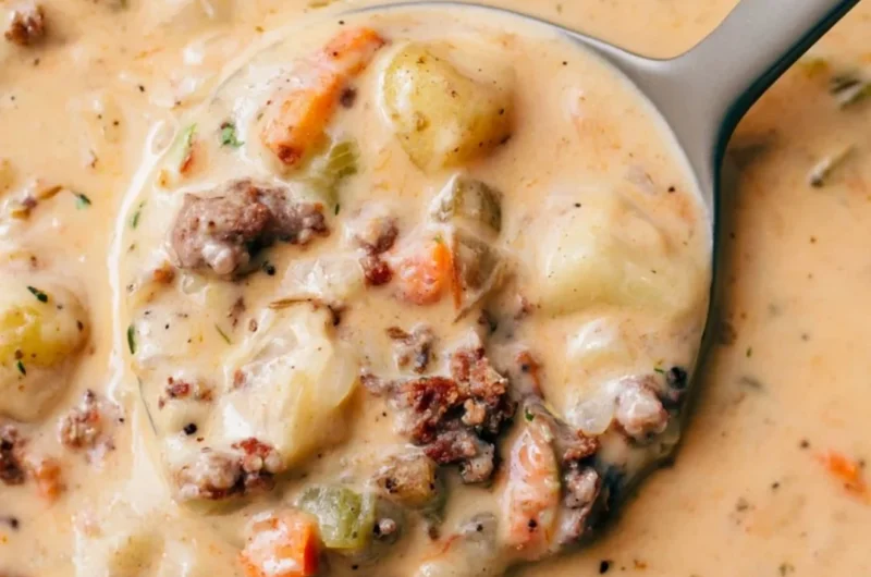 Bowl of creamy Sausage Potato Soup garnished with herbs