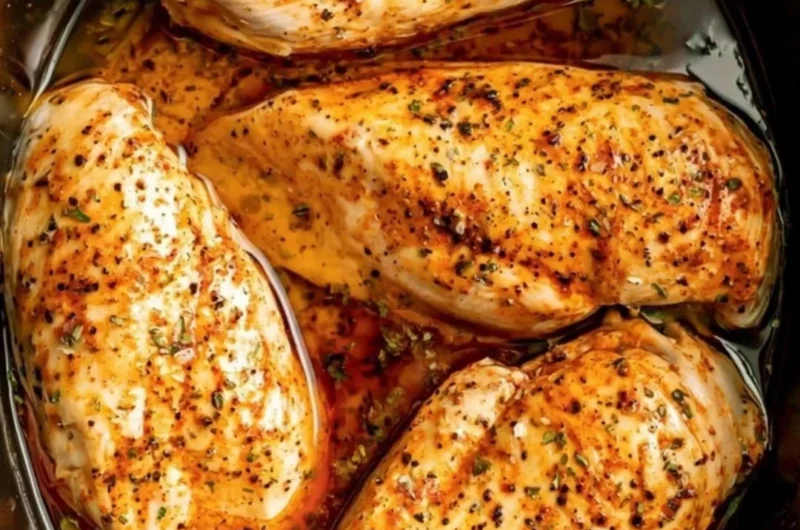 Slow cooker chicken breasts served on a plate, garnished with herbs.