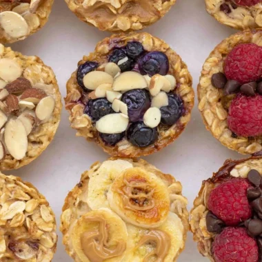 Delicious 4 ingredient baked oatmeal cups served on a wooden table