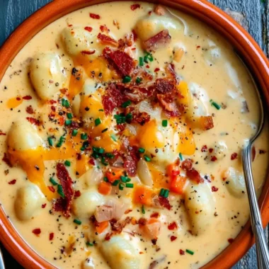 Bowl of creamy Bacon Cheddar Gnocchi Soup topped with crispy bacon and herbs
