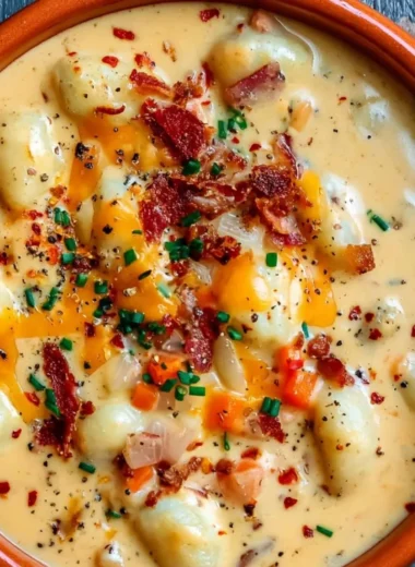 Bowl of creamy Bacon Cheddar Gnocchi Soup topped with crispy bacon and herbs
