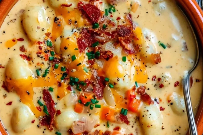 Bowl of creamy Bacon Cheddar Gnocchi Soup topped with crispy bacon and herbs