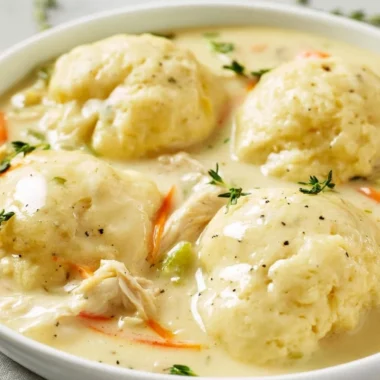 Bowl of homemade chicken and dumplings served with fresh herbs