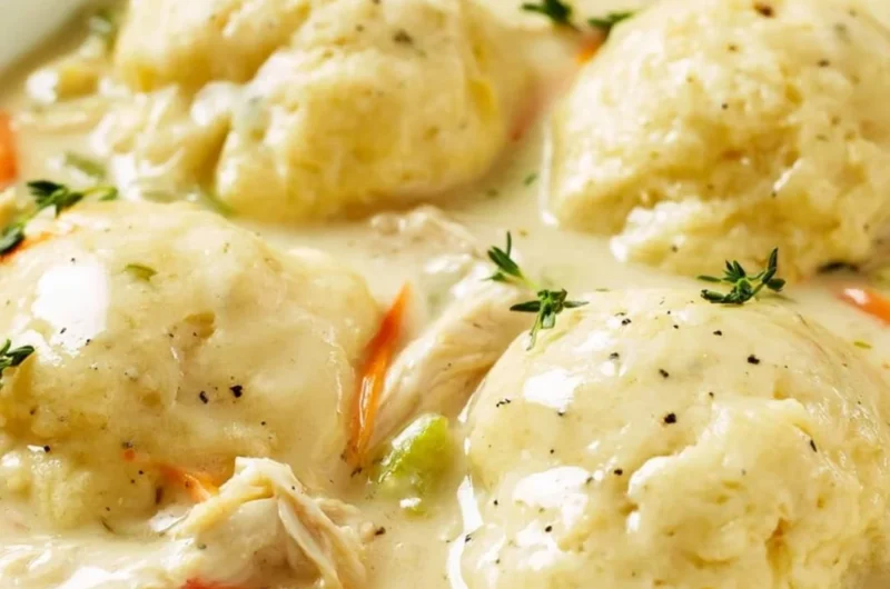 Bowl of homemade chicken and dumplings served with fresh herbs