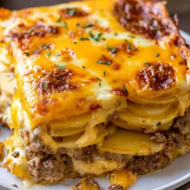 Cheesy Hamburger Potato Casserole baked with ground beef and cheese