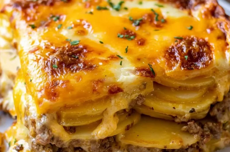 Cheesy Hamburger Potato Casserole baked with ground beef and cheese