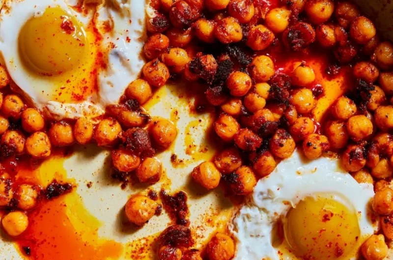 Chickpea fried eggs plated with greens and spices for a nutritious meal