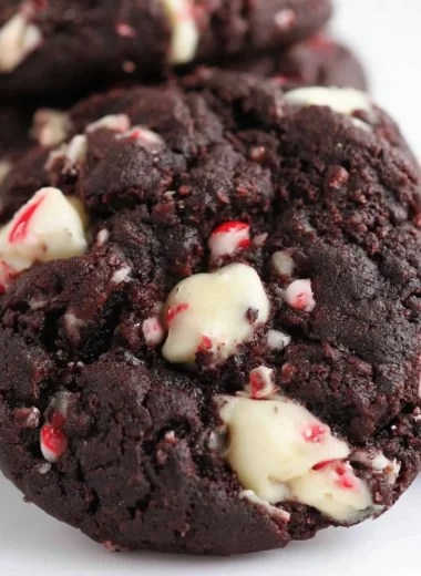 Batch of double chocolate peppermint cookies on a festive plate