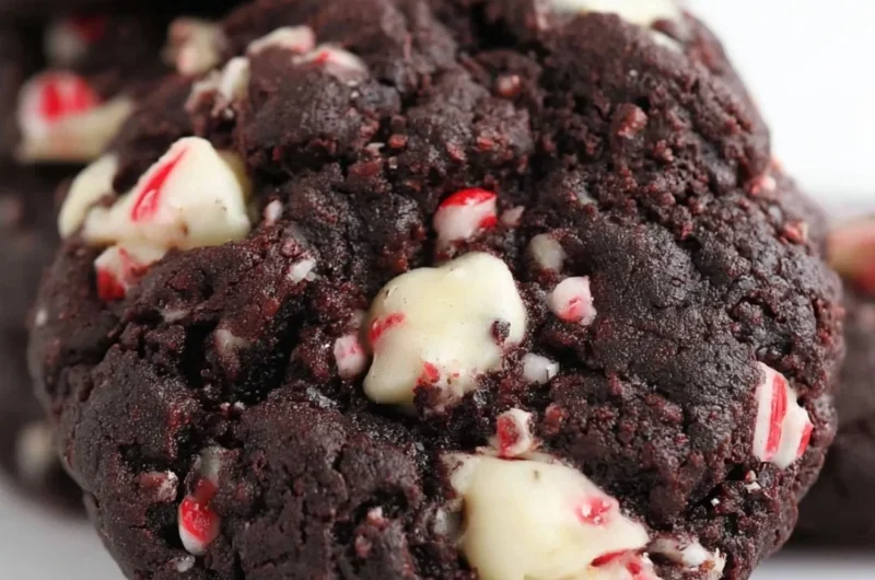 Batch of double chocolate peppermint cookies on a festive plate
