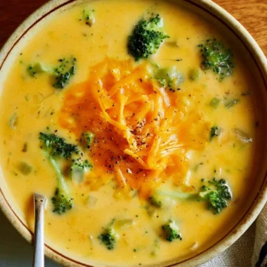 Delicious bowl of easy broccoli cheddar soup topped with cheese and herbs