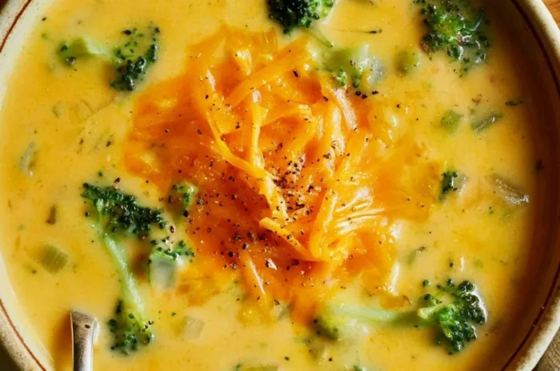 Delicious bowl of easy broccoli cheddar soup topped with cheese and herbs