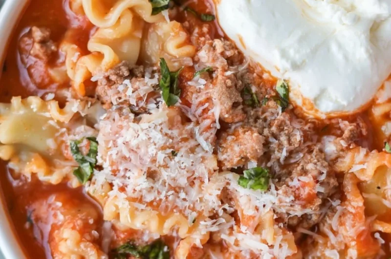 Bowl of healthy lasagna soup garnished with herbs and cheese