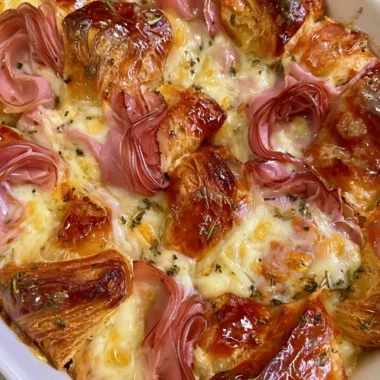 Delicious croissant bake breakfast casserole ready to serve on a dinner table