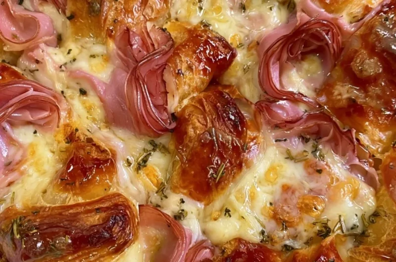 Delicious croissant bake breakfast casserole ready to serve on a dinner table