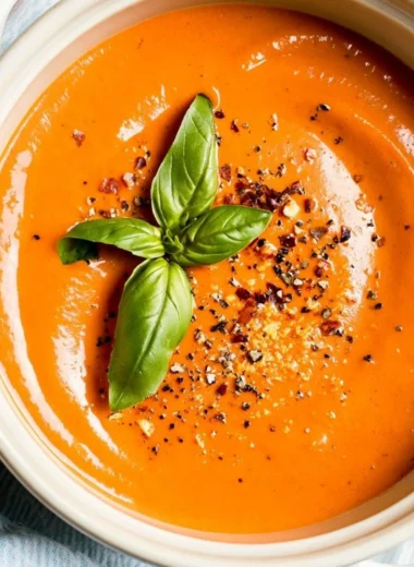 Hearty middle-of-winter tomato soup made with canned tomatoes and fresh herbs
