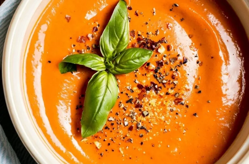 Hearty middle-of-winter tomato soup made with canned tomatoes and fresh herbs