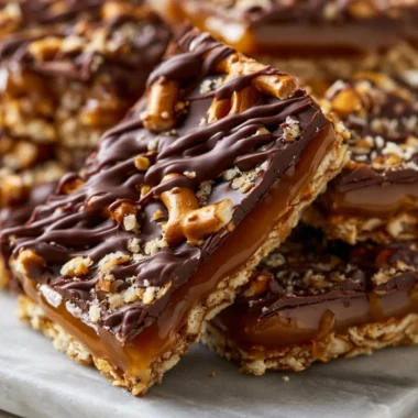 No-bake salted caramel pretzel bars topped with caramel sauce and sea salt.