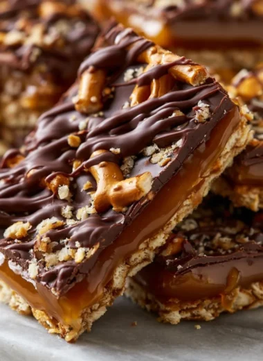 No-bake salted caramel pretzel bars topped with caramel sauce and sea salt.