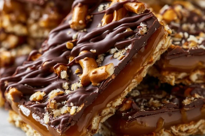 No-bake salted caramel pretzel bars topped with caramel sauce and sea salt.