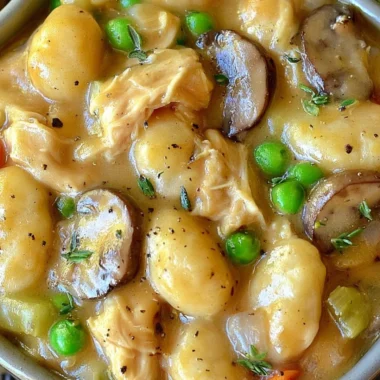 One Pot Gnocchi Chicken Pot Pie in a skillet, topped with herbs and spices.