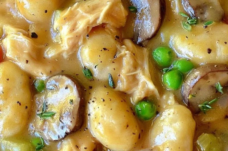 One Pot Gnocchi Chicken Pot Pie in a skillet, topped with herbs and spices.
