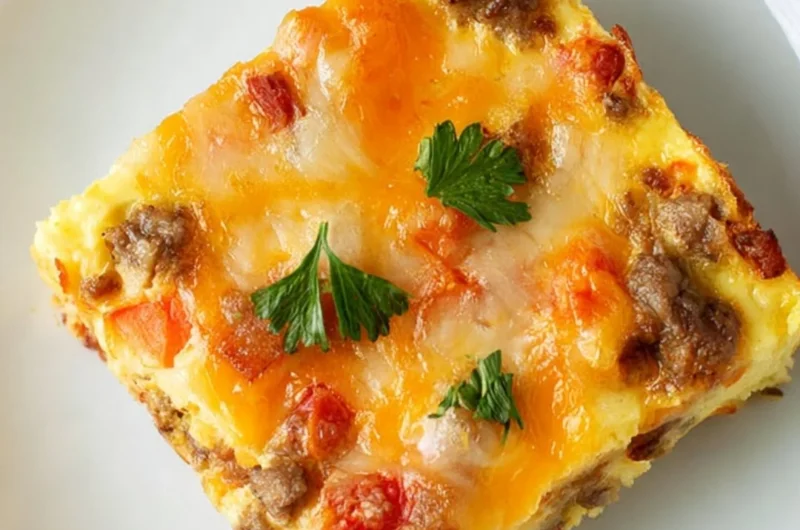 Delicious overnight bacon and sausage breakfast casserole for holiday mornings.