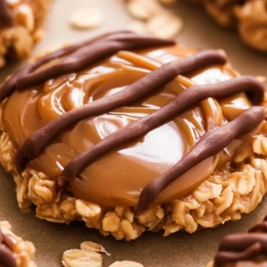 Delicious peanut butter chocolate caramel cookies on a baking tray