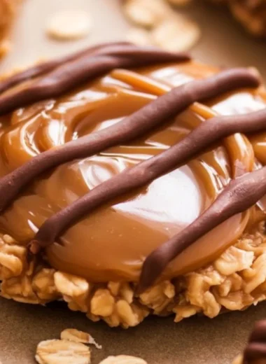 Delicious peanut butter chocolate caramel cookies on a baking tray