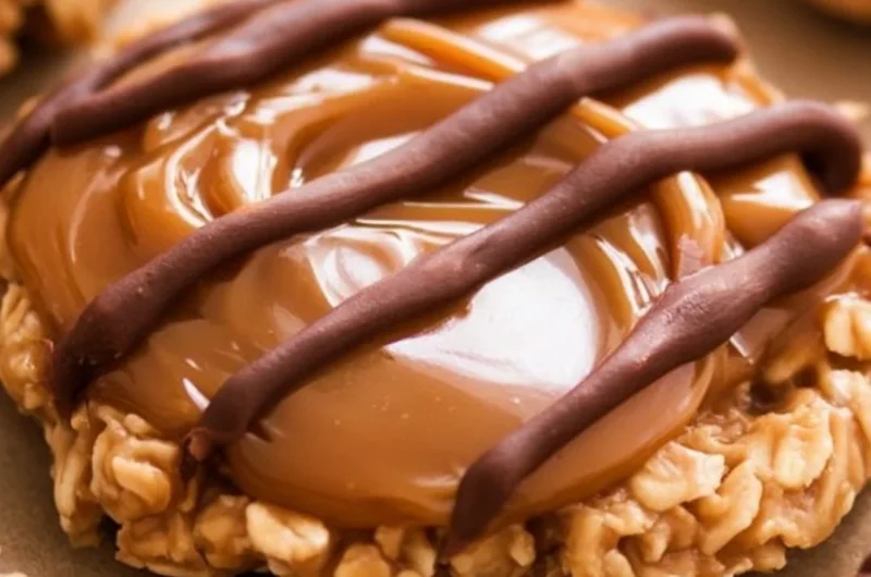 Delicious peanut butter chocolate caramel cookies on a baking tray