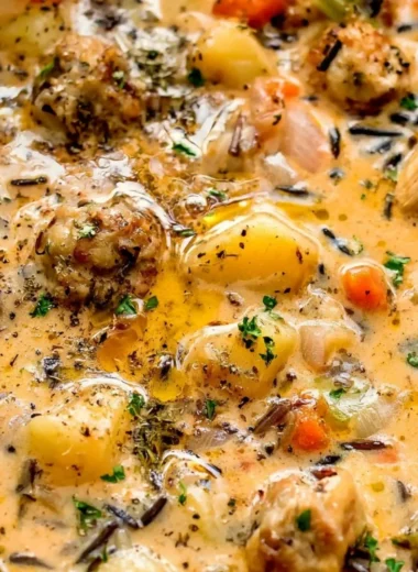 Bowl of creamy Potato and Sausage Chowder topped with herbs