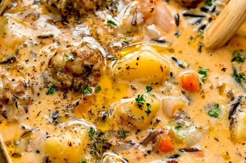 Bowl of creamy Potato and Sausage Chowder topped with herbs
