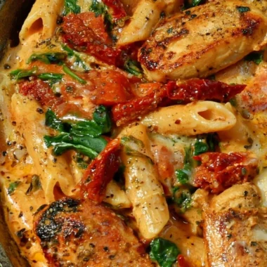Delicious sun-dried tomato chicken pasta served with fresh herbs and parmesan cheese