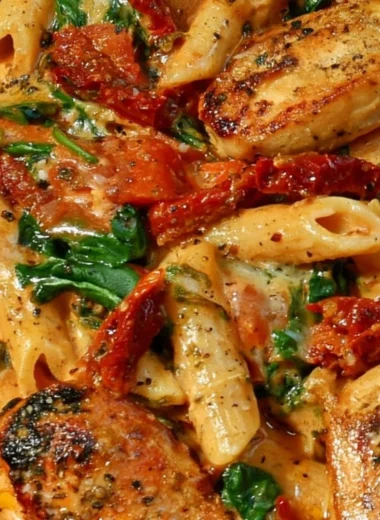Delicious sun-dried tomato chicken pasta served with fresh herbs and parmesan cheese