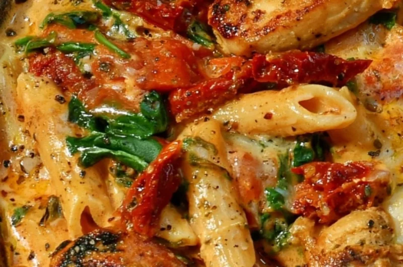 Delicious sun-dried tomato chicken pasta served with fresh herbs and parmesan cheese