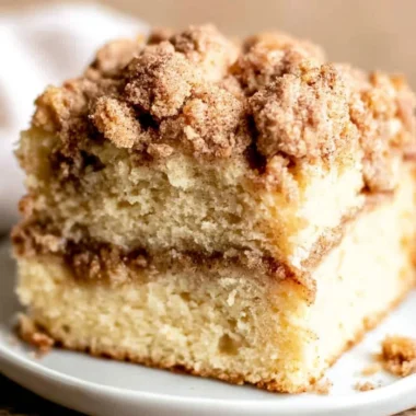 Sour cream coffee cake with cinnamon topping on a serving plate