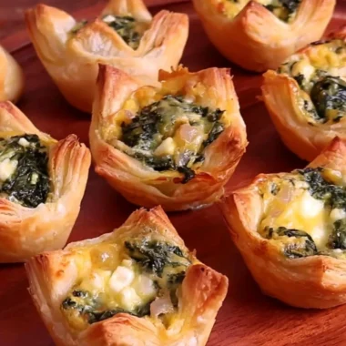 Freshly baked spinach puffs on a serving platter