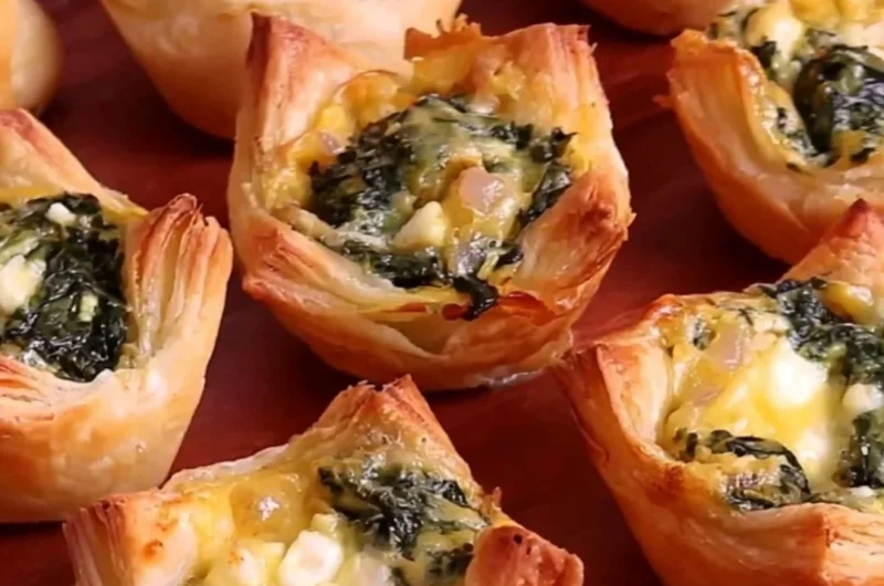 Freshly baked spinach puffs on a serving platter