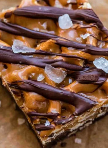 Delicious salted caramel pretzel bark with crunchy pretzels and rich caramel