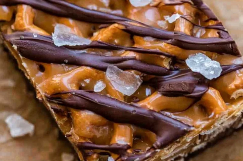 Delicious salted caramel pretzel bark with crunchy pretzels and rich caramel